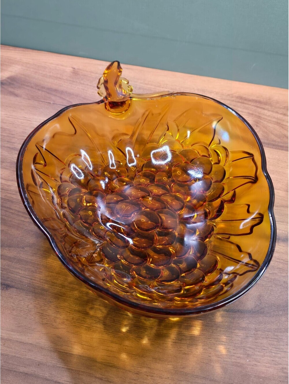 Vintage Amber Glass Fruit Bowl with Grape Design